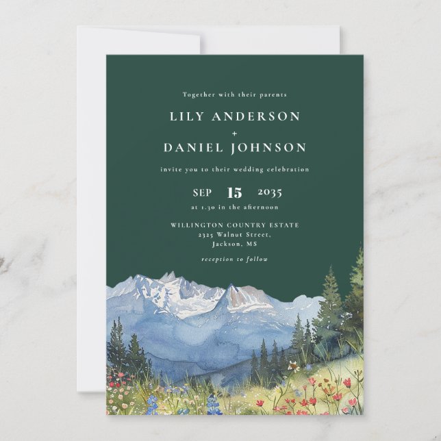 Invitation Mariage Floral de Montagne Vert Émeraude (Devant)