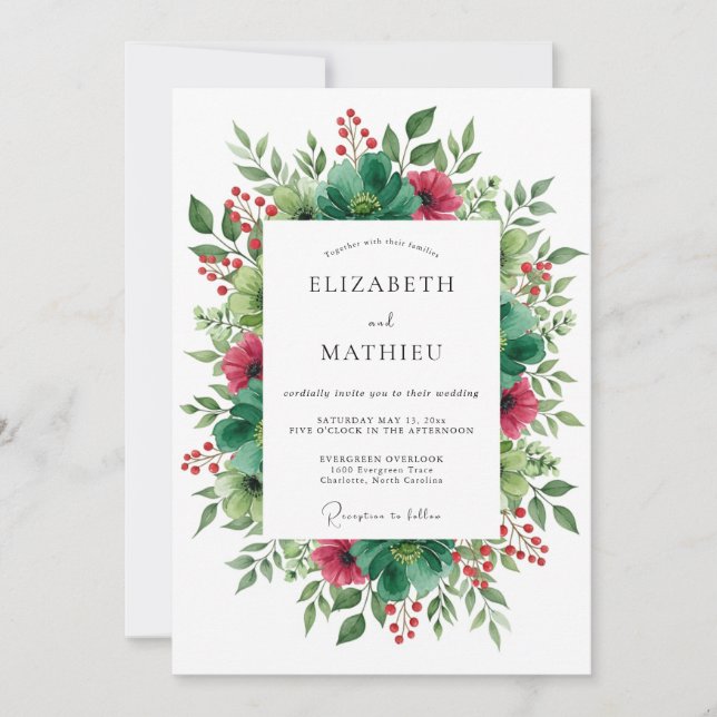 Invitation Mariage floral de nature vert émeraude (Devant)