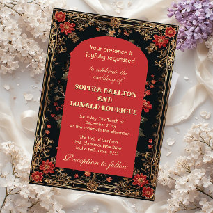 Invitation Mariage Floral de Noël Rouge Classique Chinoiserie
