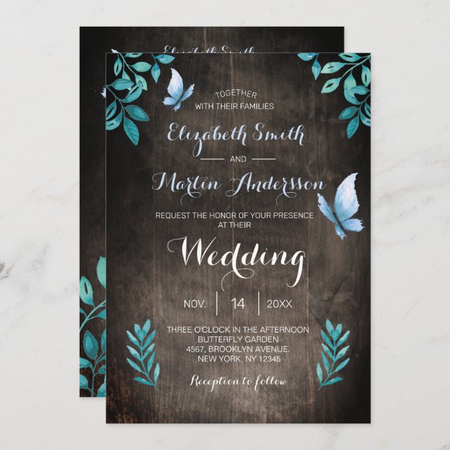 Invitation Mariage floral de papillon bleu rustique (Devant / Derrière)
