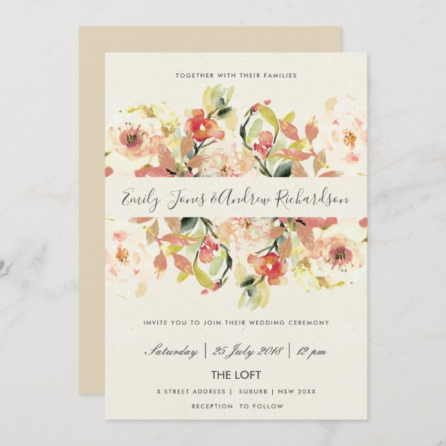 INVITATION MARIAGE FLORAL DE PEACH PEACH ROSE (Devant / Derrière)