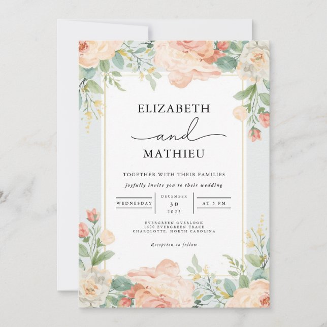 Invitation Mariage floral de pêche (Devant)
