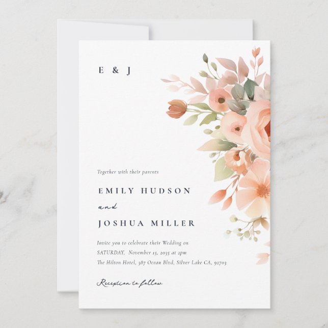 Invitation Mariage floral de Pêche Boho (Devant)