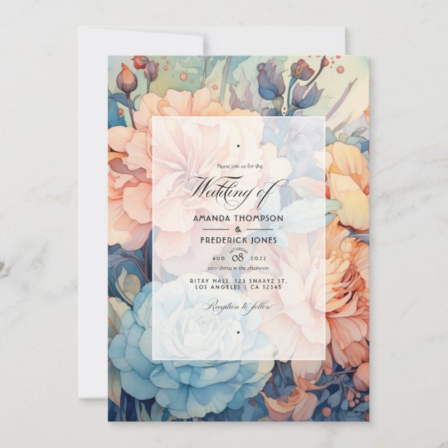 Invitation Mariage Floral de Pêche, Sauge et Bleu Clair (Devant)