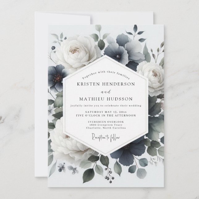 Invitation Mariage Floral De Peinture Bleu Ardoise (Devant)
