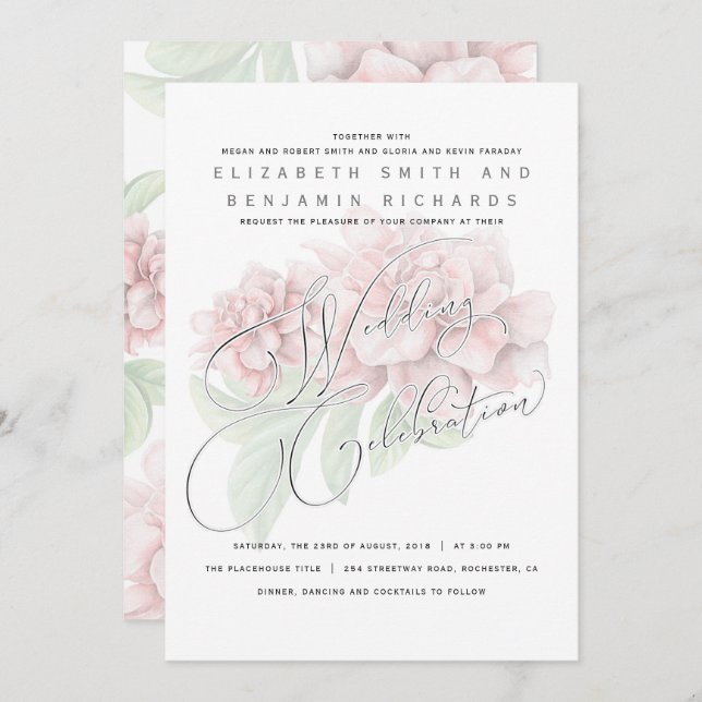 Invitation Mariage Floral de Pivoine Rose Pâle Élégant (Devant / Derrière)