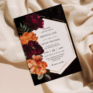 Invitation Mariage Floral de Pivoines Orange Bourgogne Sombre