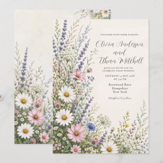 Invitation Mariage Floral de Prairie de Printemps aux Fleurs  (Devant / Derrière)