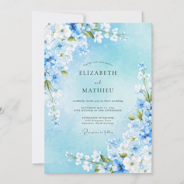 Invitation Mariage Floral de Printemps Bleu Ciel (Devant)