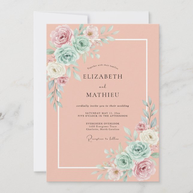 Invitation Mariage Floral de Printemps Corail Sérénité (Devant)