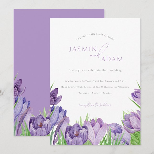 Invitation Mariage Floral de Printemps Élégant au Crocus Viol (Devant / Derrière)