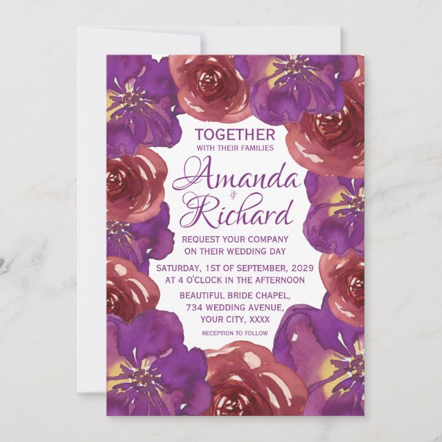 Invitation Mariage Floral de Printemps Été Violet Clair et Ro (Devant)