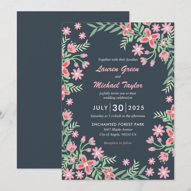 Invitation Mariage floral de printemps rose gris (Devant / Derrière)