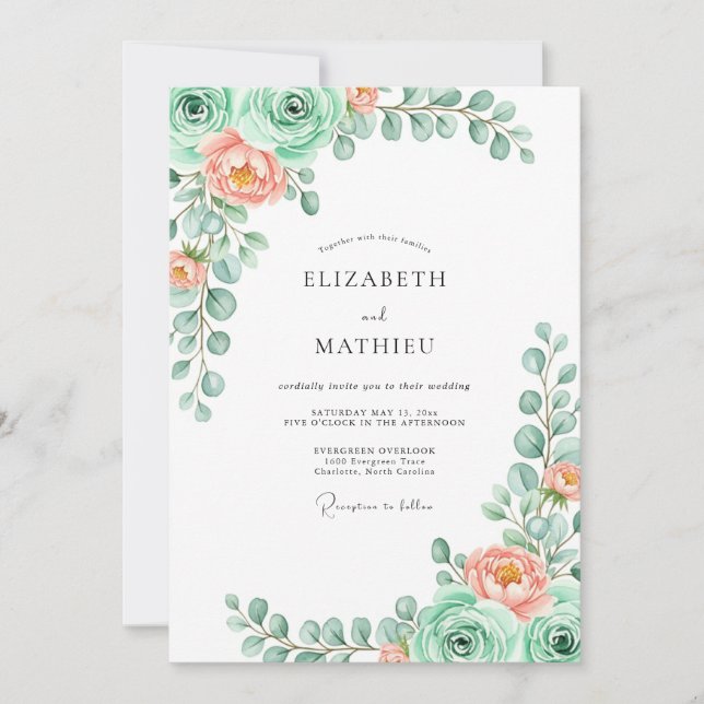 Invitation Mariage Floral de Printemps Vert Menthe (Devant)