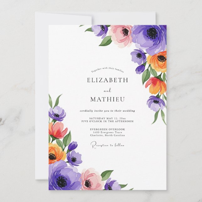 Invitation Mariage Floral de Printemps Violet Vibrant (Devant)