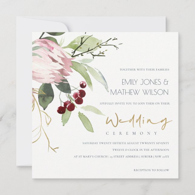 INVITATION MARIAGE FLORAL DE PROTÉA BURGUNDÉ ROSE BLANC BLANC (Devant)