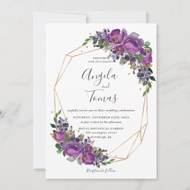 Invitation Mariage Floral de prune violette Cadre géométrique (Devant)