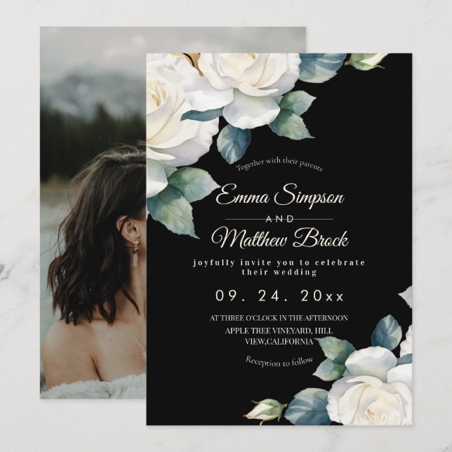 Invitation Mariage floral de rose blanche élégant  (Devant / Derrière)