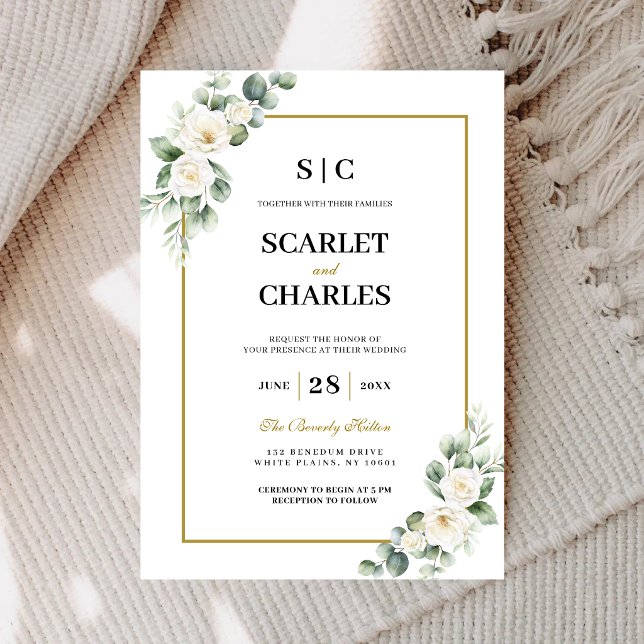 Invitation Mariage Floral de Rose Blanche Eucalyptus (Eucalyptus white rose invitation sets a romantic tone for your unforgettable wedding day.)