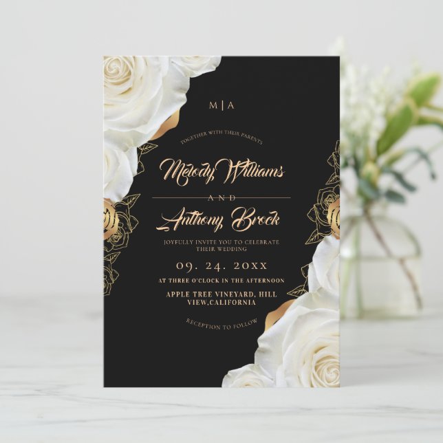 Invitation Mariage floral de rose noire et blanche moderne (Debout devant)