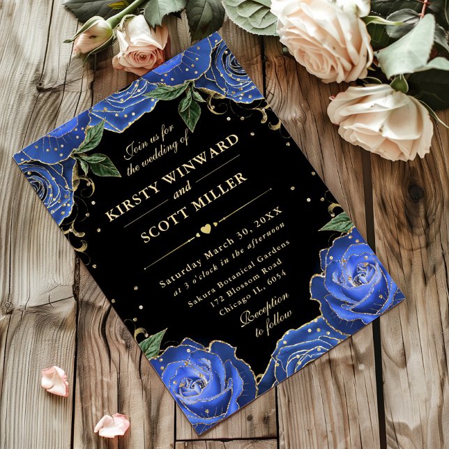 Invitation Mariage Floral de Roses Bleues et Dorées (Créateur téléchargé)