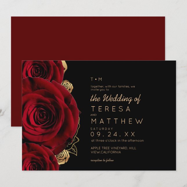 Invitation Mariage Floral de Roses Bourguignonnes Modernes (Devant / Derrière)