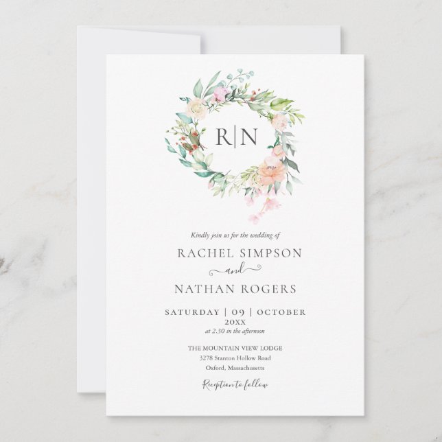 Invitation Mariage Floral de Roses de Feuillage à Monogramme (Devant)