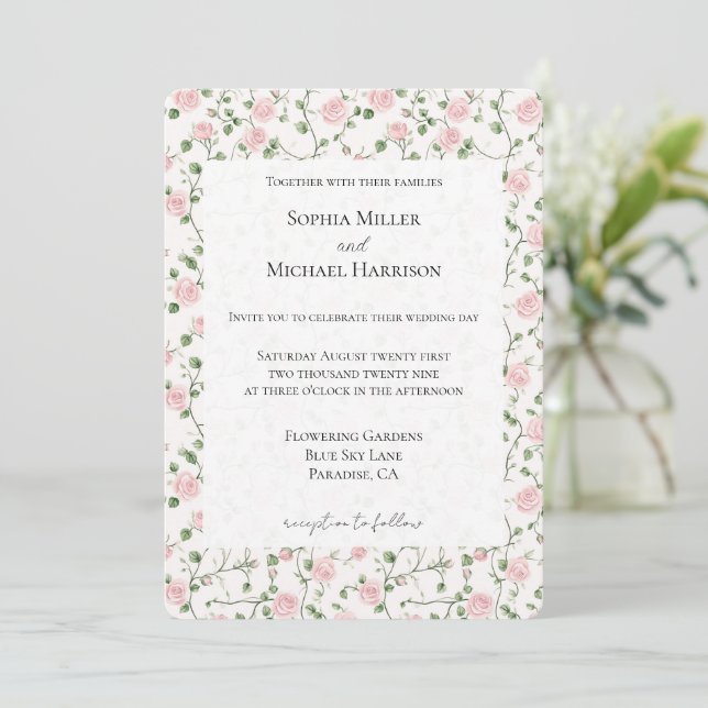 Invitation Mariage Floral de Roses Fleurs Roses (Debout devant)