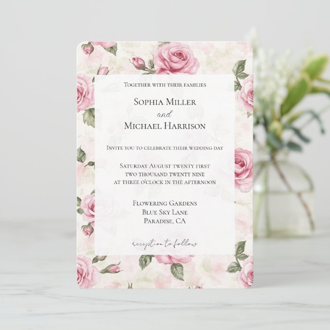 Invitation Mariage Floral de Roses Fleurs Roses (Debout devant)