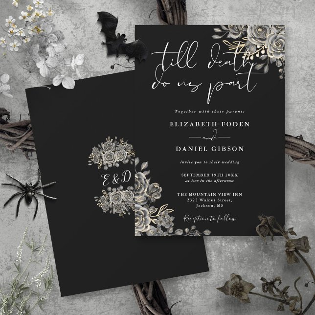 Invitation Mariage floral de roses gothiques noir et blanc (Black And White Gothic Roses Floral Wedding Invitation)