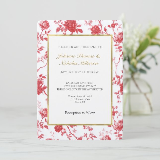 Invitation Mariage Floral de Roses Rouges Romantiques (Debout devant)