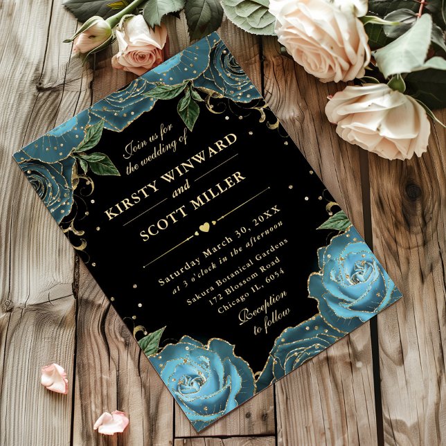 Invitation Mariage floral de roses sarcelle et or (Créateur téléchargé)