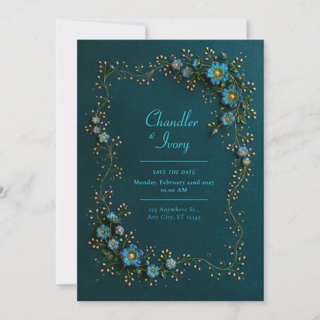 Invitation Mariage Floral de Saphire et de Teal (Devant)