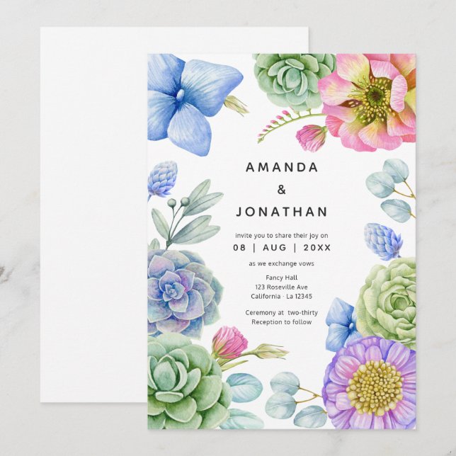 Invitation Mariage Floral de Succulentes à la Mode (Devant / Derrière)