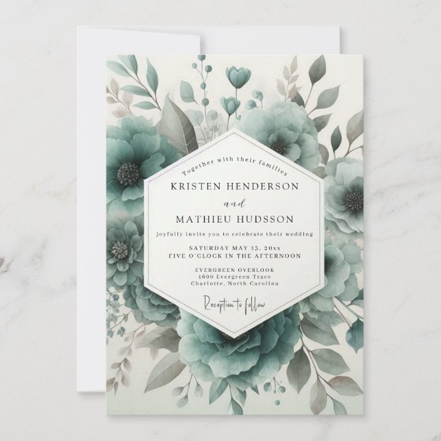 Invitation Mariage Floral de Teinte Cyan en Forêt (Devant)