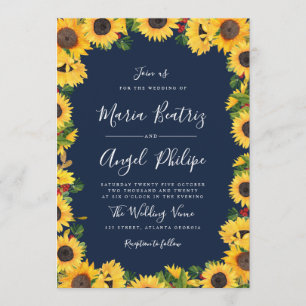 Invitation mariage floral de tournesol bleu de la marine