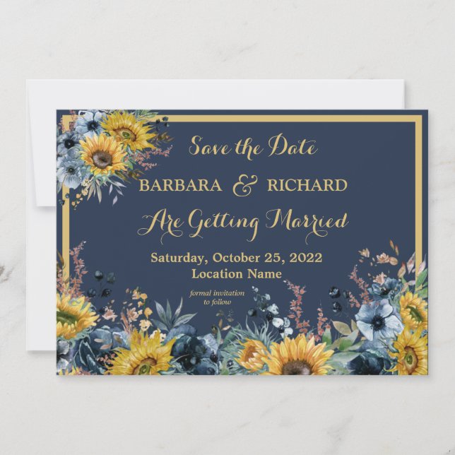 Invitation Mariage floral de tournesol bleu marine Date de sa (Devant)