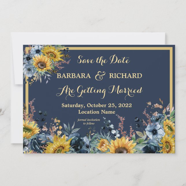 Invitation Mariage floral de tournesol bleu marine Date de sa (Devant)