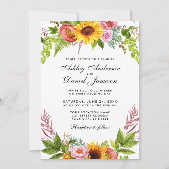 Invitation Mariage floral de tournesol d'aquarelle (Devant)