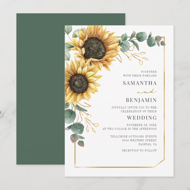 Invitation Mariage floral de tournesol Eucalyptus (Devant / Derrière)
