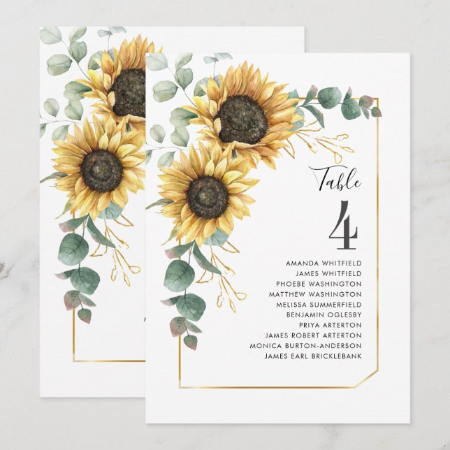 Invitation Mariage floral de tournesol Eucalyptus Tableau Num (Devant / Derrière)