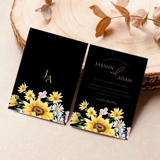 Invitation Mariage Floral de tournesol noir d'été (Summer Black Sunflowers Monogram Floral Wedding Invitation)