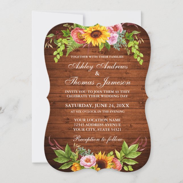 Invitation Mariage floral de tournesol rustique en bois (Devant)