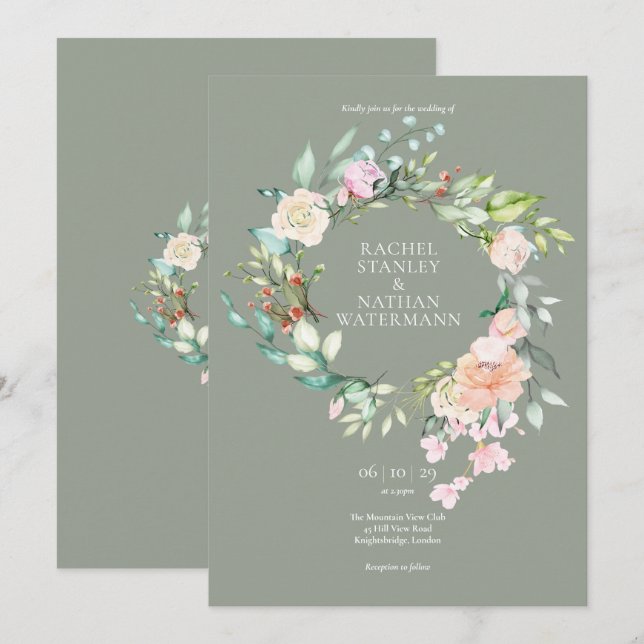 Invitation Mariage floral de verdure aquarelle vert sauge (Devant / Derrière)