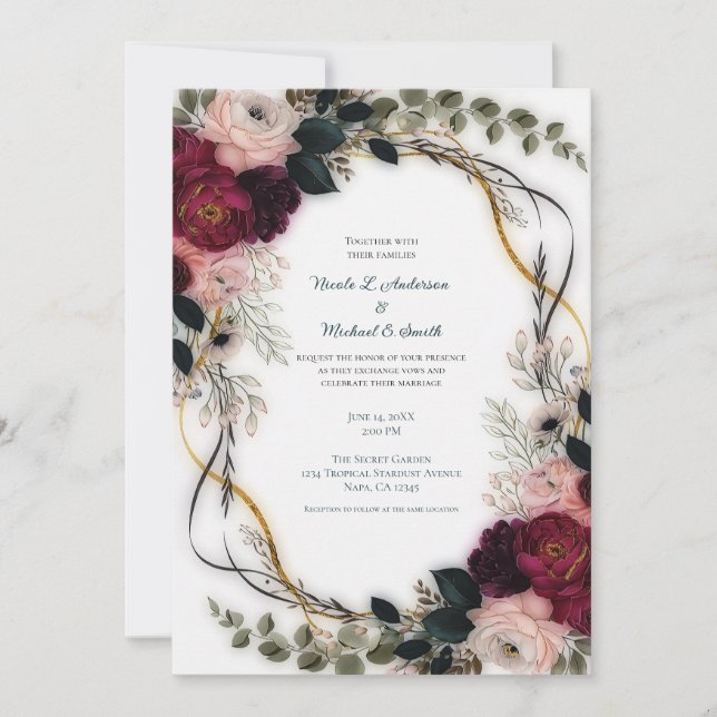 Invitation Mariage Floral de Verdure de Jardin de Prune de Ve (Devant)