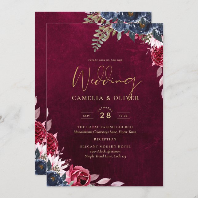Invitation Mariage floral de vin Berry (Devant / Derrière)