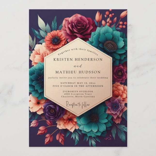 Invitation Mariage floral décadent sarcelle et bordeaux (Devant)