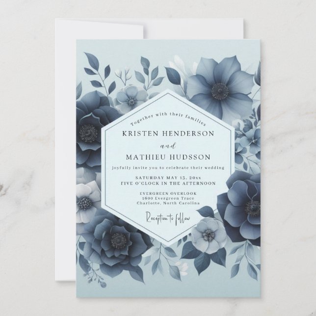 Invitation Mariage Floral Delft Bleu Maussade (Devant)