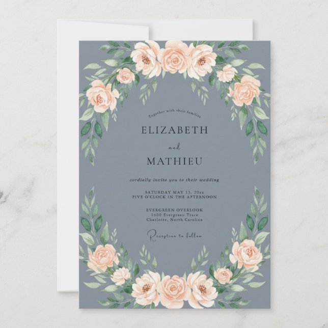 Invitation Mariage Floral Délicat Bleu Ardoise (Devant)