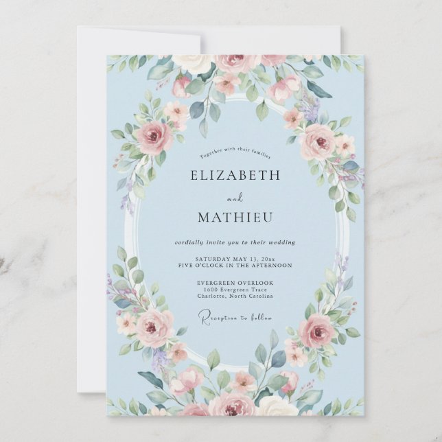 Invitation Mariage Floral Délicat Bleu Ciel (Devant)